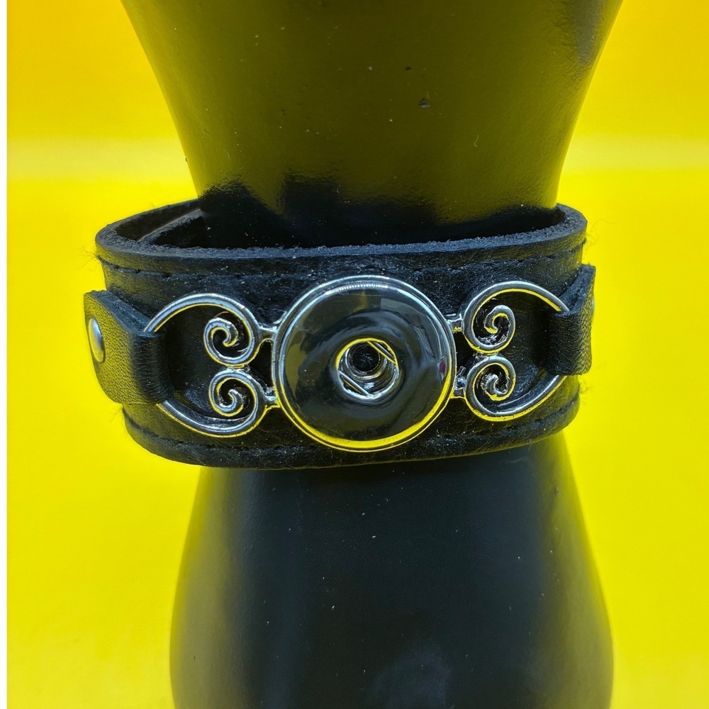 Black Faux Leather Snap Charm Cuff Bracelet Haunted House Halloween Jewelry